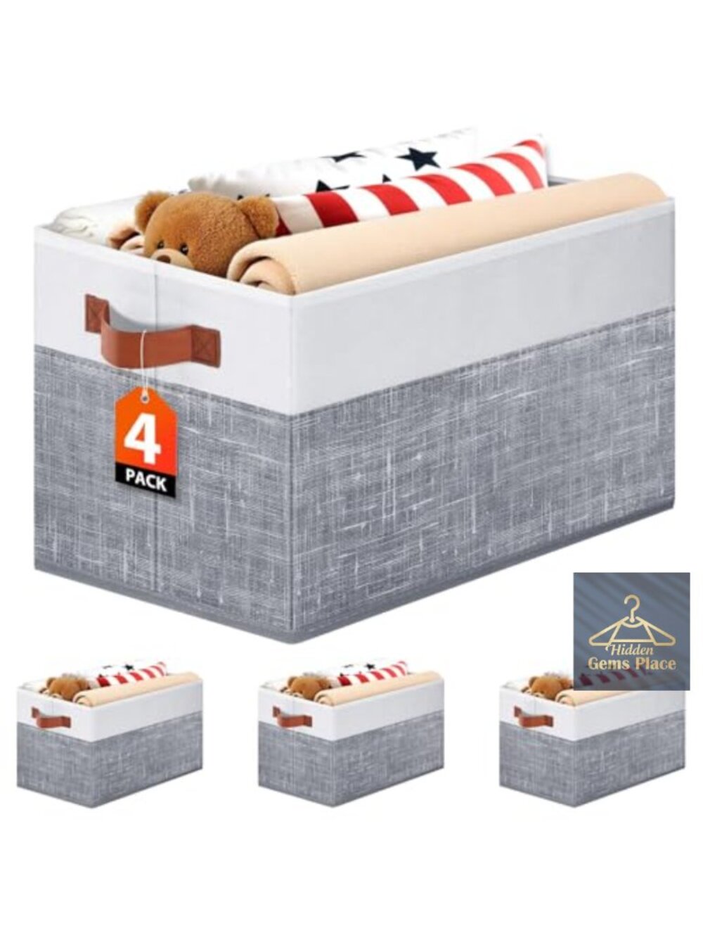 Collapsible Fabric Storage Baskets 4 Pack Foldable Bins Double Leather Handles